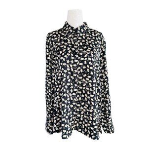 MNG Mango Black Floral Blouse Sz M Medium 6 Button Down Long Sleeve Black Beige